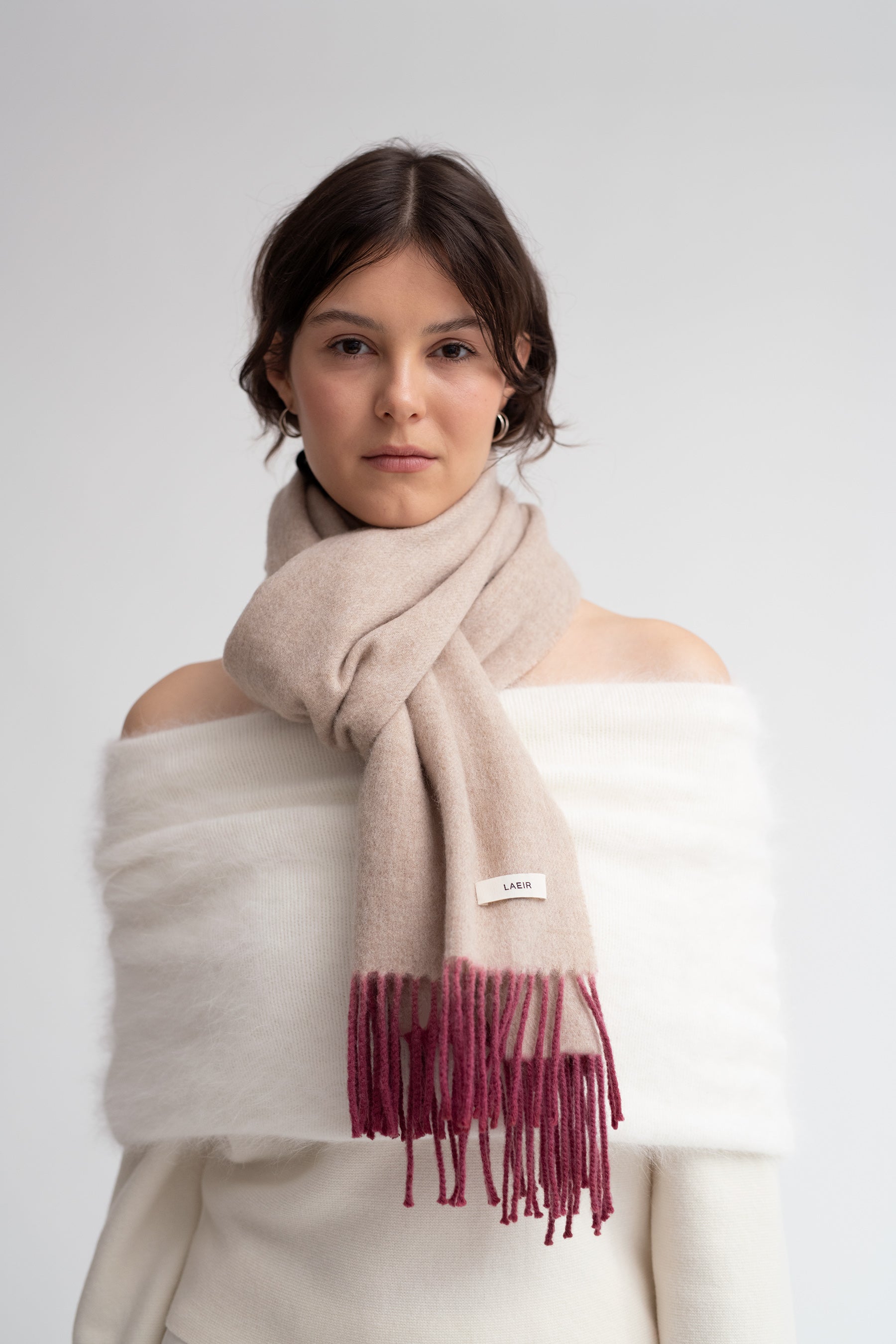 Alex Dip Dyed Wool Scarf in Oatmeal and Fuchsia