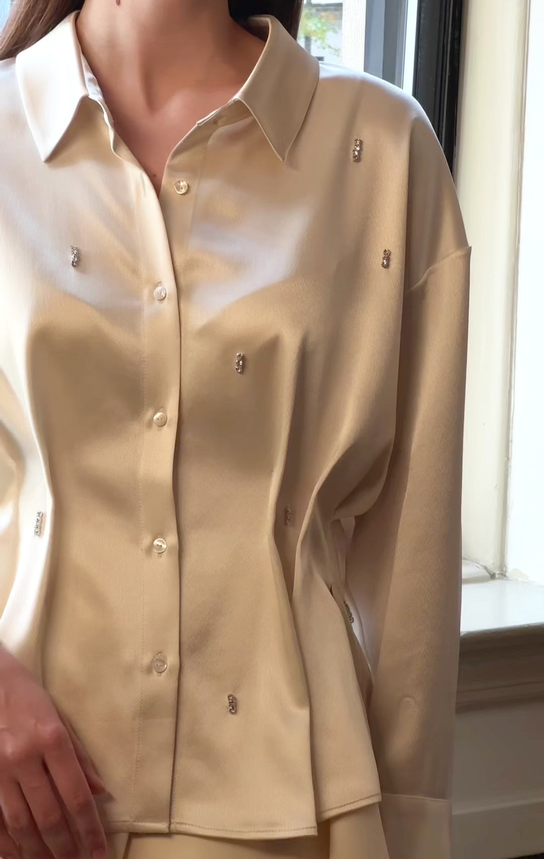 crystal beaded satin shirt in cream 